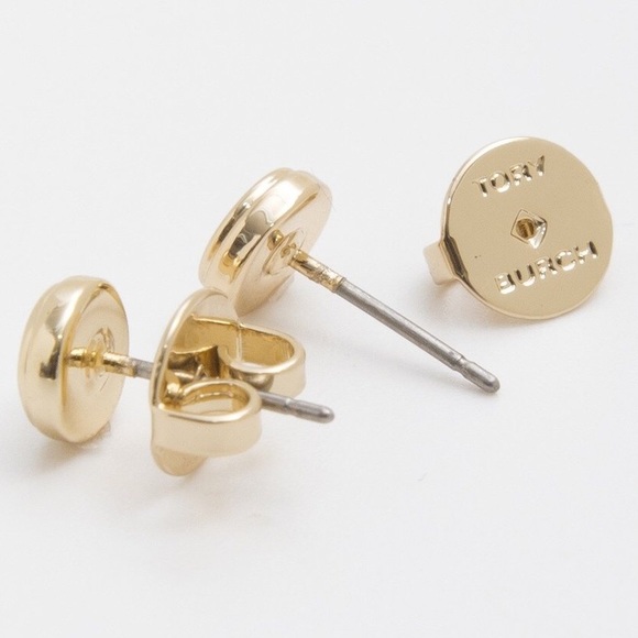NEW Tory Burch Small Logo Stud Earrings Round Circle Gold Mini - Picture 2 of 5